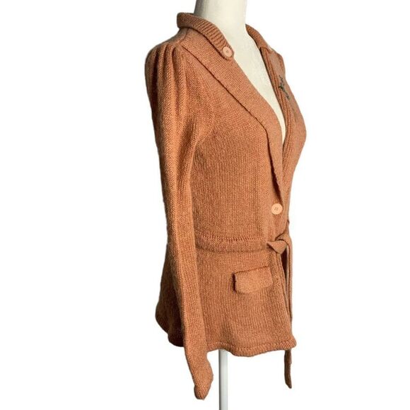 Vintage 80s Beaded Knit Cardigan Sweater M Mauve Pink Buttons Pockets Tie Waist - Picture 4 of 7